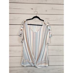 Above and Beyond Womens‎ Multicolor Stripe Twist Knot Short Sleeve Blouse 2X
